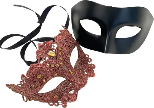 Vista 28 de MASQ Par de máscaras de encaje brocado para mascarada, Mardi Gras, cumpleaños, graduación, boda, fiesta Bk Lace W Pluma