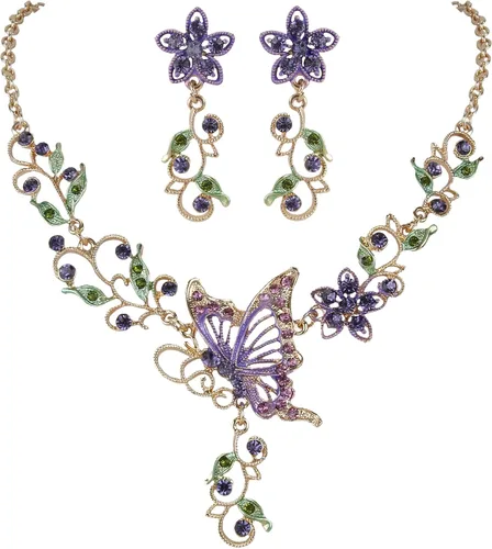 Vista 9 de EleQueen Conjunto de collar y pendientes de mariposa, flor y hoja de cristal austriaco para mujer Negro