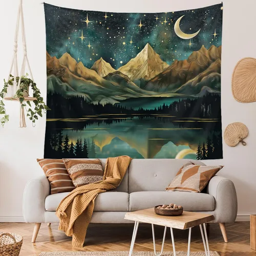 Vista 2 de Tapzen Tapiz de paisaje de naturaleza de montaña para estética de dormitorio, bosque escénico de luna, para colgar en la pared, bosque de árboles