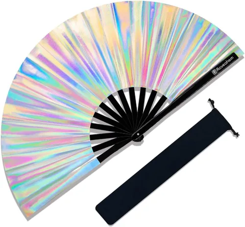 Vista 7 de Ventilador grande para rave, ventilador de mano plegable Clack con tela de primera calidad, marco de bambú grueso para hombres y mujeres, regalo