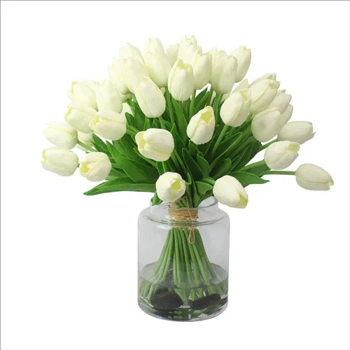 Vista 4 de AMZALI Flores artificiales de tacto real, mini ramo de tulipanes de poliuretano, arreglo de flores artificiales, plantas artificiales para centro