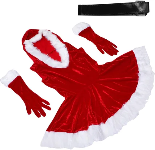 Vista 2 de KESYOO 3pcs rojo traje de Navidad mujeres traje de Papá Noel vestido de Navidad Cosplay Claus Santa traje con guantes cinturón para la etapa