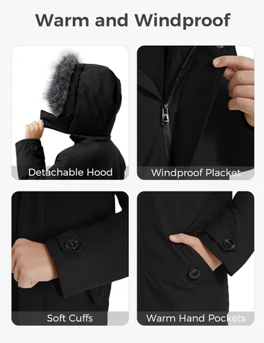 Vista 6 de wantdo - Chaqueta de invierno con capucha para niños, impermeable, acolchada, con forro polar, parka Negro