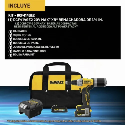 Vista 2 de DEWALT Herramienta de remache inalámbrica MAX XR de 20 V, 1/4 de pulgada, batería y cargador incluidos (DCF414GE2)