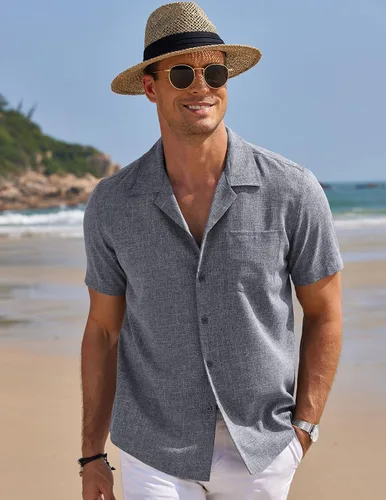 Vista 2 de COOFANDY Men Linen Shirts Beach Cuban Collar Shirts Summer Wedding Shirts Vacation Holiday