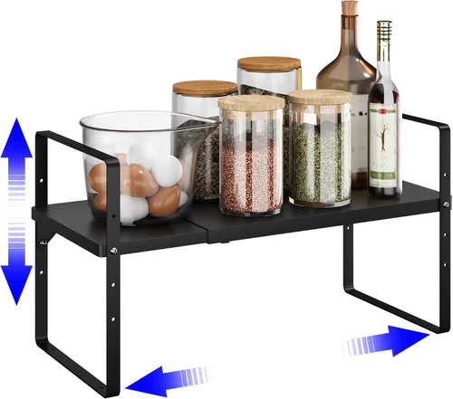 Vista 15 de Organizador de estante expandible para gabinete, almacenamiento apilable para mostrador de despensa de cocina, soporte ajustable para armario, Negro