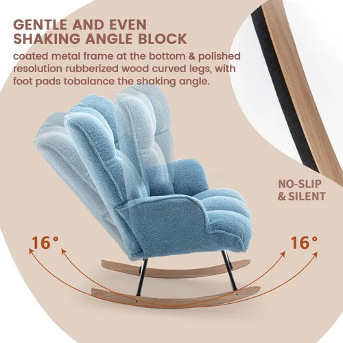 Vista 3 de Mecedora de cuarto de bebé con estilo oso de peluche, tapizada con respaldo alto, cómoda y elegante butaca acentuada con asiento acolchado para Azul