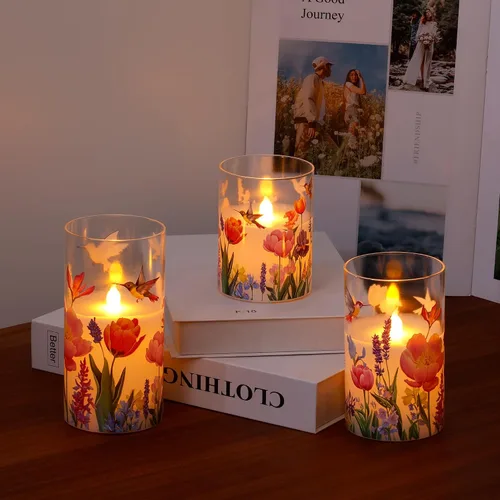 Vista 6 de JOIONE Hummingbird Flameless Glass Candles, 3 Pack Floral LED with Remote