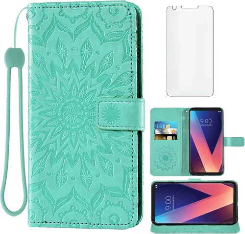 Vista 11 de Funda de teléfono para LG V35 ThinQ V30 Plus con protector de pantalla de vidrio templado y cubierta abatible de cuero, soporte para tarjetas