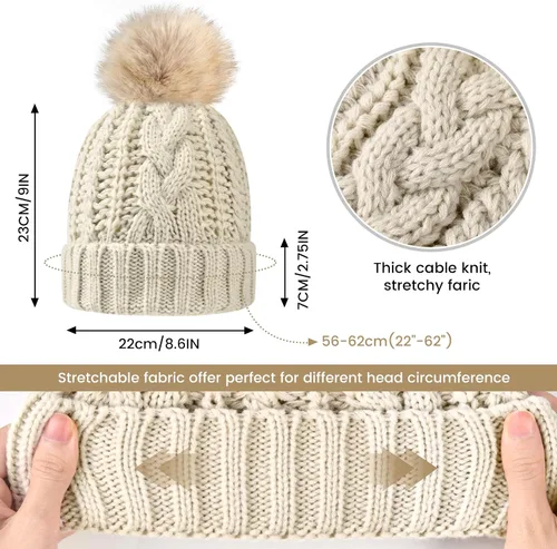 Vista 5 de Avisky Womens Winter Knitted Beanie Hat with Faux Fur Winter Hats for Women Fur Pom Warm Knit Skull Cap Thick Beanie Hat