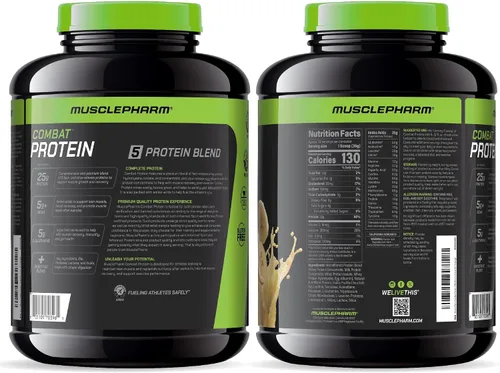 Vista 2 de MusclePharm Combat Protein Powder, sabor crema de plátano, alimenta los músculos para entrenamientos productivos, 5 fuentes de proteína incluyendo