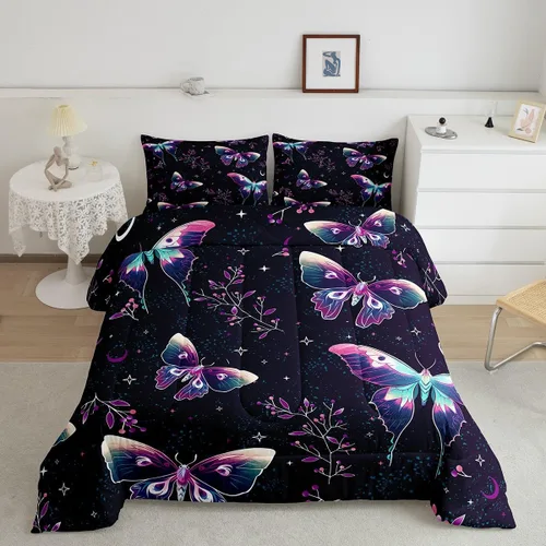Vista 20 de Erosebridal Juego de ropa de cama de calavera gótica, flores mandala, mariposa hippie para niñas y niños, edredón de esqueleto de la muerte de Negro
