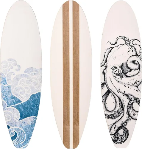 Vista 6 de RattanView Juego de 3 piezas de decoración de pared de tabla de surf de 11.8 x 3.4 pulgadas, tabla de surf de madera con ondas de playa, verano