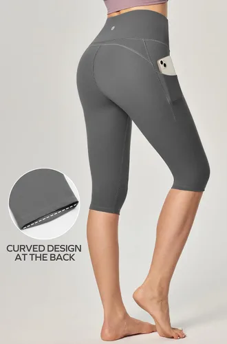 Vista 2 de Ewedoos Leggings hasta la rodilla con bolsillos, pantalones capri para mujer, cintura alta, pantalones de yoga para entrenamiento casual de verano