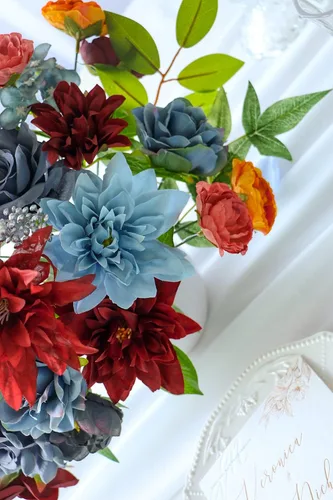 Vista 5 de Paquete combinado de flores artificiales burdeos, arreglo combinado de flores de boda azul marino y burdeos para ramos de boda, arreglos combinados