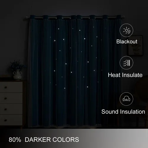 Vista 4 de Cortinas Opacas de Arcoíris Ombré para Dormitorio de Niñas, Sala de Estar, Rayas Oscurecedoras de Doble Capa con Cortes de Estrellas, Decoración