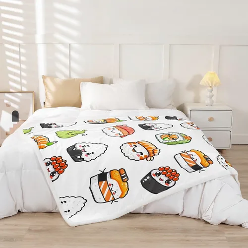 Vista 2 de Feelyou Manta con patrón de sushi de forro polar de estilo japonés para sofá, sofá de viaje, para adolescentes, manta sherpa con temática