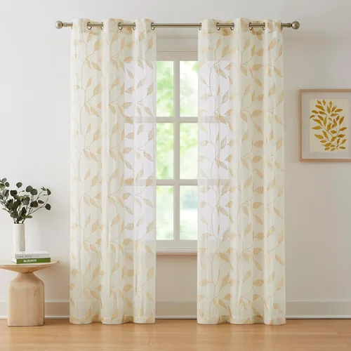 Vista 2 de Bujasso - Cortinas de hojas transparentes de 63 pulgadas, bordadas con flores, estilo granja, cortinas con filtro de luz para ventana, patrón Dorado