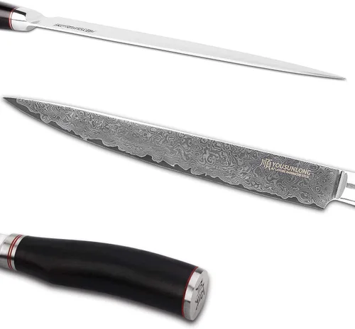 Vista 2 de YOUSUNLONG Cuchillo de filete de 10 pulgadas, cuchillo para tallar carne, cuchillo sashimi, 9.6 in, mano izquierda, acero de damasco martillado