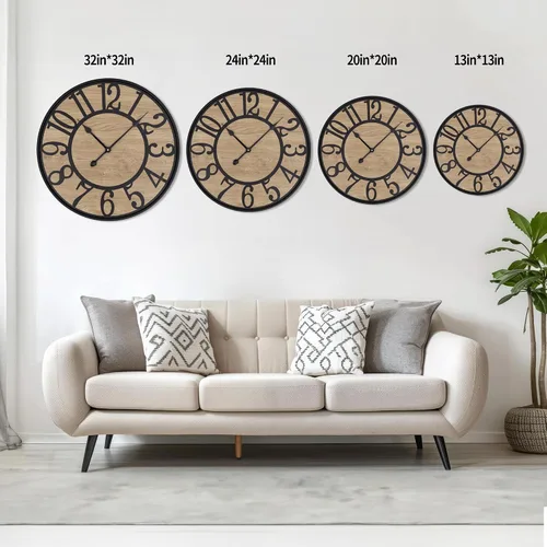 Vista 3 de Reloj de pared Maxstar para sala de estar, de metal y madera, rústico silencioso estilo granja con números arábicos, relojes de pared decorativos