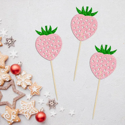 Vista 5 de Paquete de 24 adornos para cupcakes de fresa con purpurina para cumpleaños, fresa, cupcakes, frutas, baby shower, niños, cumpleaños, verano, bayas