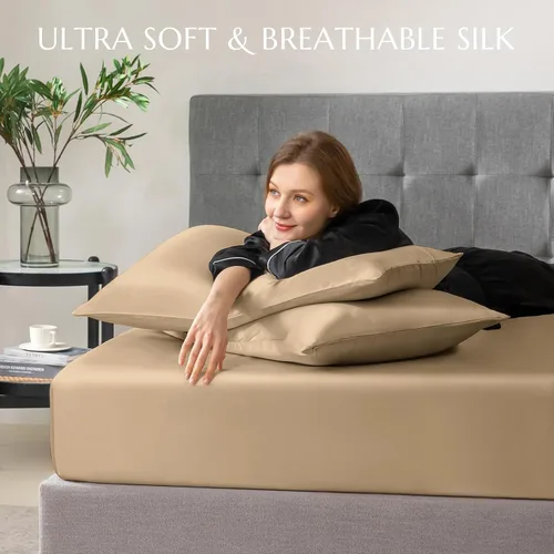 Vista 56 de THXSILK Juego de sábanas bajeras de 100% seda de morera, 3 piezas de seda 7A+, transpirable, suave, sábana bajera de 16 pulgadas de profundidad, 2