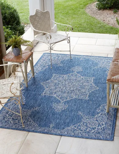 Vista 10 de Unique Loom Alfombra de la colección tradicional para exteriores, antigua (4 pies 1 pulgada, redonda, verde azulado/gris)