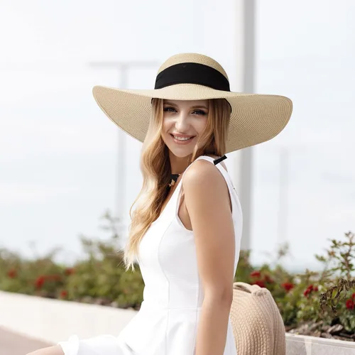 Vista 7 de Roniky Beach Sun Hat for Women Bow-Knot UV UPF 50+Travel Foldable Wide Brim Straw Hat