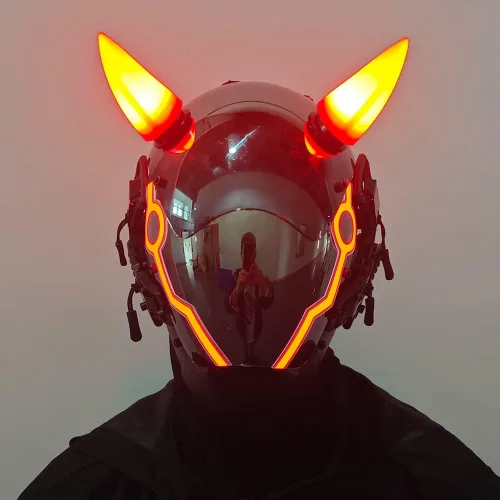 Vista 2 de KYEDAY Máscara punk para hombre, máscara de cuerno de buey LED, tecnología punk futurista, cosplay, Halloween, accesorios para fiestas y festivales