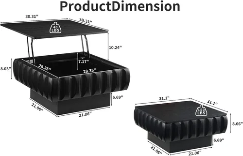 Vista 2 de Mesa de Centro con Tapa Elevable Mesas de Centro Cuadradas para Muebles de Sala de Estar Acanalada Pequeña con Gran Centro de Almacenamiento Oculto