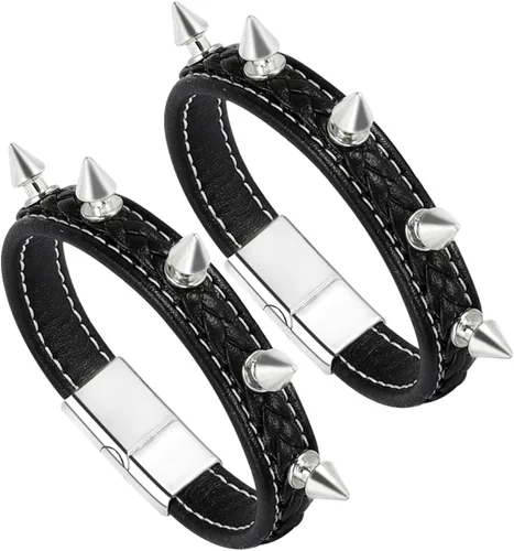 Vista 7 de MILAKOO Pulsera de cuero punk para hombre, pulsera de cuero con espiga para mujer