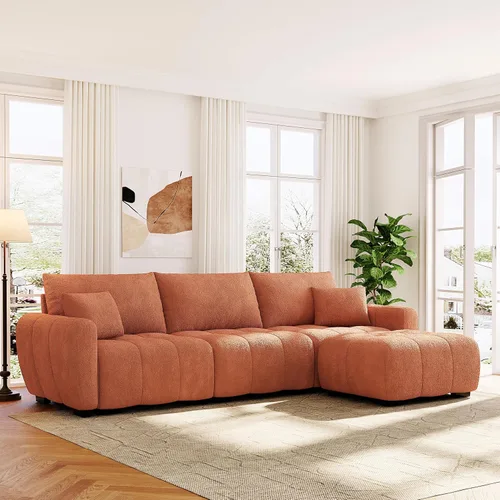 Vista 9 de Merax Moderno juego de sofá Boucle en forma de L con una otomana móvil y almohadas, sofá modular de 4 asientos con asiento extragrande para sala