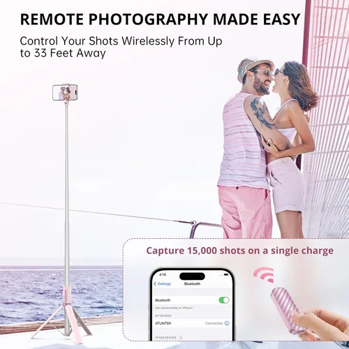 Vista 3 de ATUMTEK Trípode selfie stick de 55", trípode extensible todo en uno de aluminio para teléfono con control remoto Bluetooth recargable para iPhone