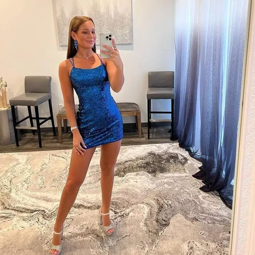 Vista 4 de Wchecalino - Vestido corto de cóctel con tirantes delgados y lentejuelas para fiesta de exalumnos, ajustado, brillante, vestido corto de cóctel