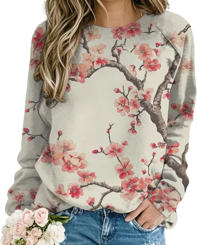 Vista 7 de ZOCANIA Sudaderas para mujer, sin capucha, manga larga, cuello redondo, estampado floral, ajuste holgado