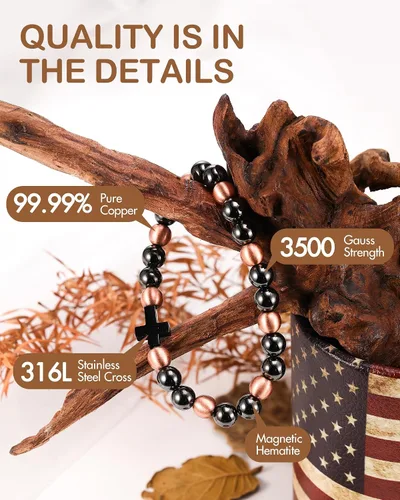 Vista 2 de Feraco Pulsera magnética de cobre puro para hombres y mujeres, 0.315 in, 99.99% cobre sólido y 3500 cuentas de hematita magnética Gauss, pulsera