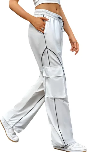 Vista 6 de KMBANGI Pantalones de paracaídas para mujer, holgados Y2k, pantalones deportivos con cintura elástica, rayas laterales, pantalones deportivos