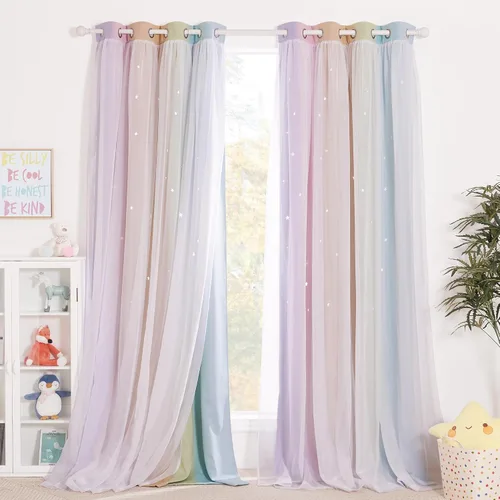 Vista 48 de NICETOWN Cortinas para dormitorio de niñas, cortinas de arco iris, cortinas de estrellas, cortinas de princesa, decoración de habitación