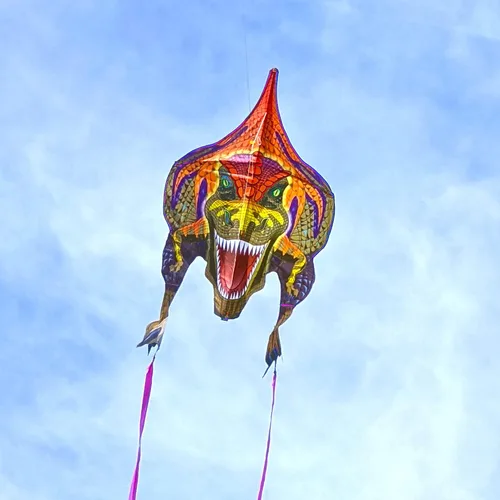 Vista 3 de WindNSun Cometa de dinosaurio T-Rex Ripstop de nailon de gran tamaño, 54 pulgadas de alto, marrón, naranja, dorado, morado