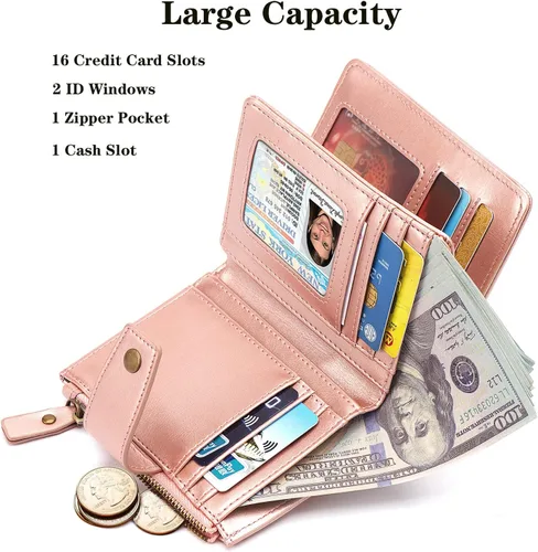 Vista 2 de Simikol Cartera pequeña para mujer, billetera plegable con bloqueo RFID, tarjetero con bolsillo con cremallera, Escarcha Oro rosa, Vintage