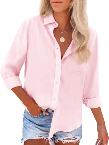 Vista 13 de Camisas de algodón con botones, para mujer, camisas de vestir Oxford, camisas de trabajo de manga larga, blusas con cuello y bolsillo