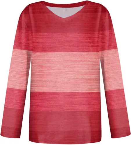 Vista 2 de FlekmanArt Womens Tops Slim Fit Retro Stripe Printing Outfit V Neck Long Sleeve Sweatshirts Hide Belly Pullover Tops