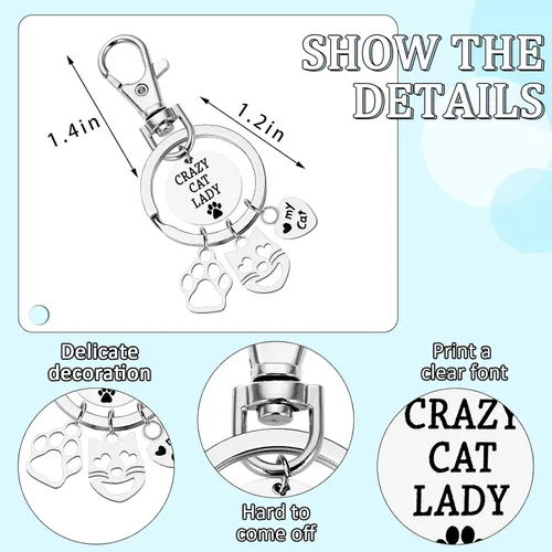 Vista 7 de Llavero de gato de regalo para mujeres, con estampado de patas, cara de gato, lindo y divertido mini colgante de joyería para novia, mejor amiga