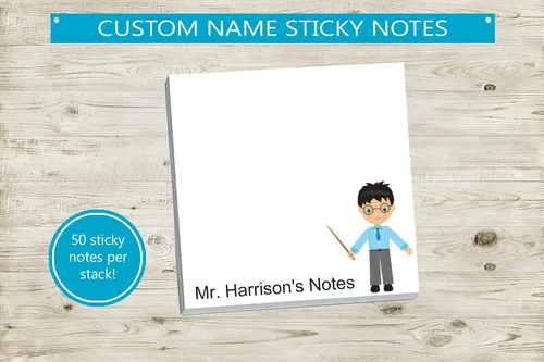 Vista 5 de Notas adhesivas personalizadas con texto personalizado y divertido diseño de profesor masculino/ 3 x 3 pulgadas, 50 notas adhesivas por bloc