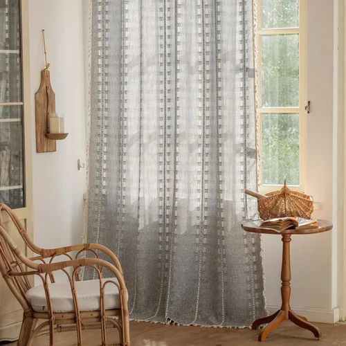 Vista 9 de Deeprove Cortina Boho de 96 pulgadas de largo para sala de estar, dormitorio, guardería, lino café semi-transparente transpirable de 96 pulgadas