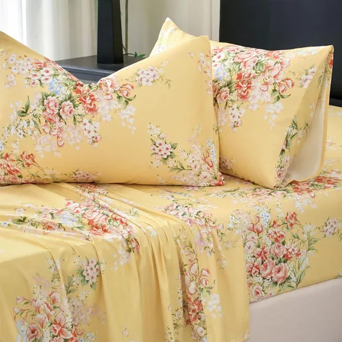 Vista 35 de Zusbest Juego de sábanas florales de 100 % algodón percal, color naranja y amarillo, juego de sábanas suaves y transpirables con diseño botánico