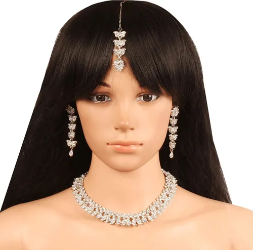 Vista 8 de Touchstone Conjunto de joyas indias para mujer, collar de boda, collar de oro, gargantilla de bollywood, aretes de diamantes de imitación, disfraz