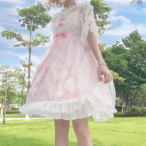 Vista 5 de BXSM Lolita - Vestido de princesa Kawaii de gasa de encaje para niña, vestido encantador Lolita para uso diario, Rosado