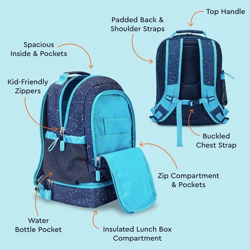 Vista 3 de Bentgo Kids Prints - Mochila 2 en 1 y lonchera aislada, Edición Confeti - Abyss Blue, Niños