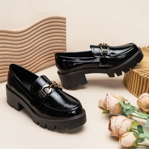 Vista 3 de youngshow Mocasines de plataforma para mujer, de tacón grueso, puntera redonda, de cuero, mocasines